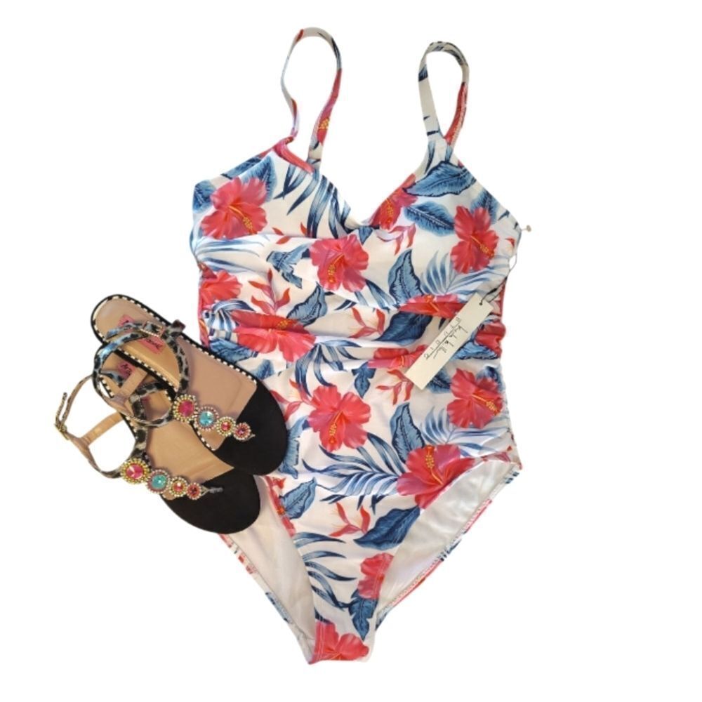 Nicole Millerโ Tropical Vtg Print SideโRuching 1 Piece Swimsuit Large NWT